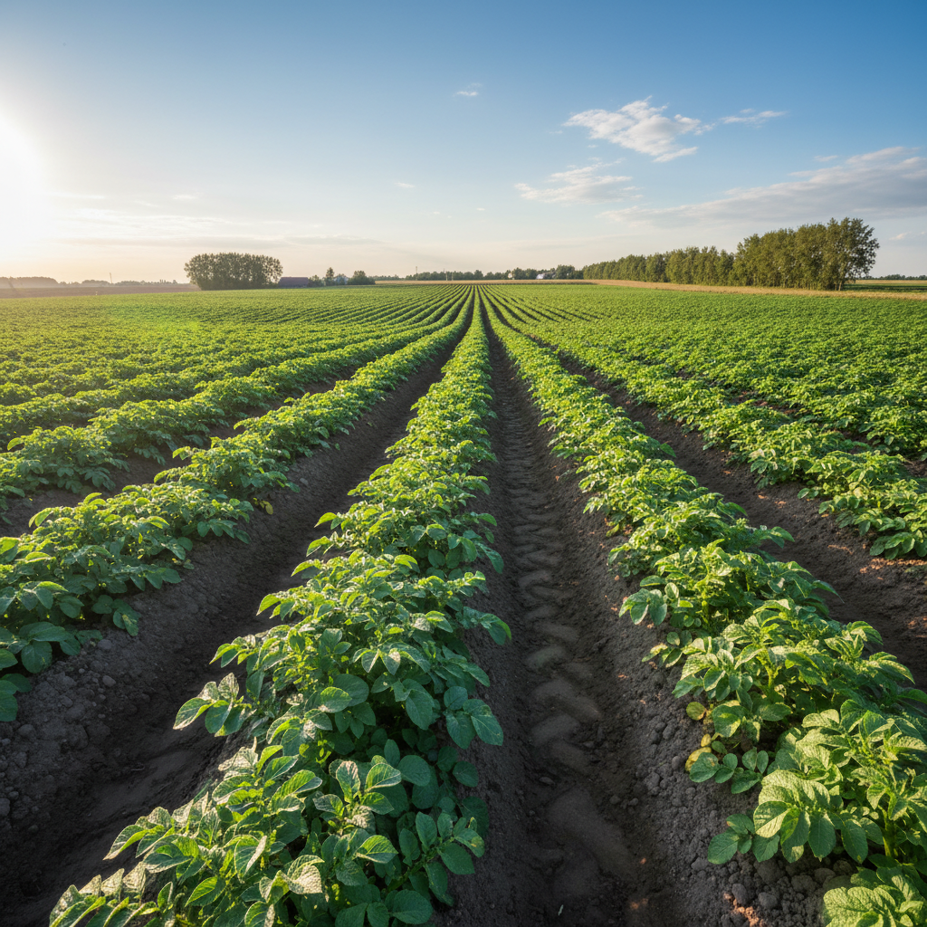 Sugar beet plants with broad green leaves in rows, bright daylight agricultural field, open sky