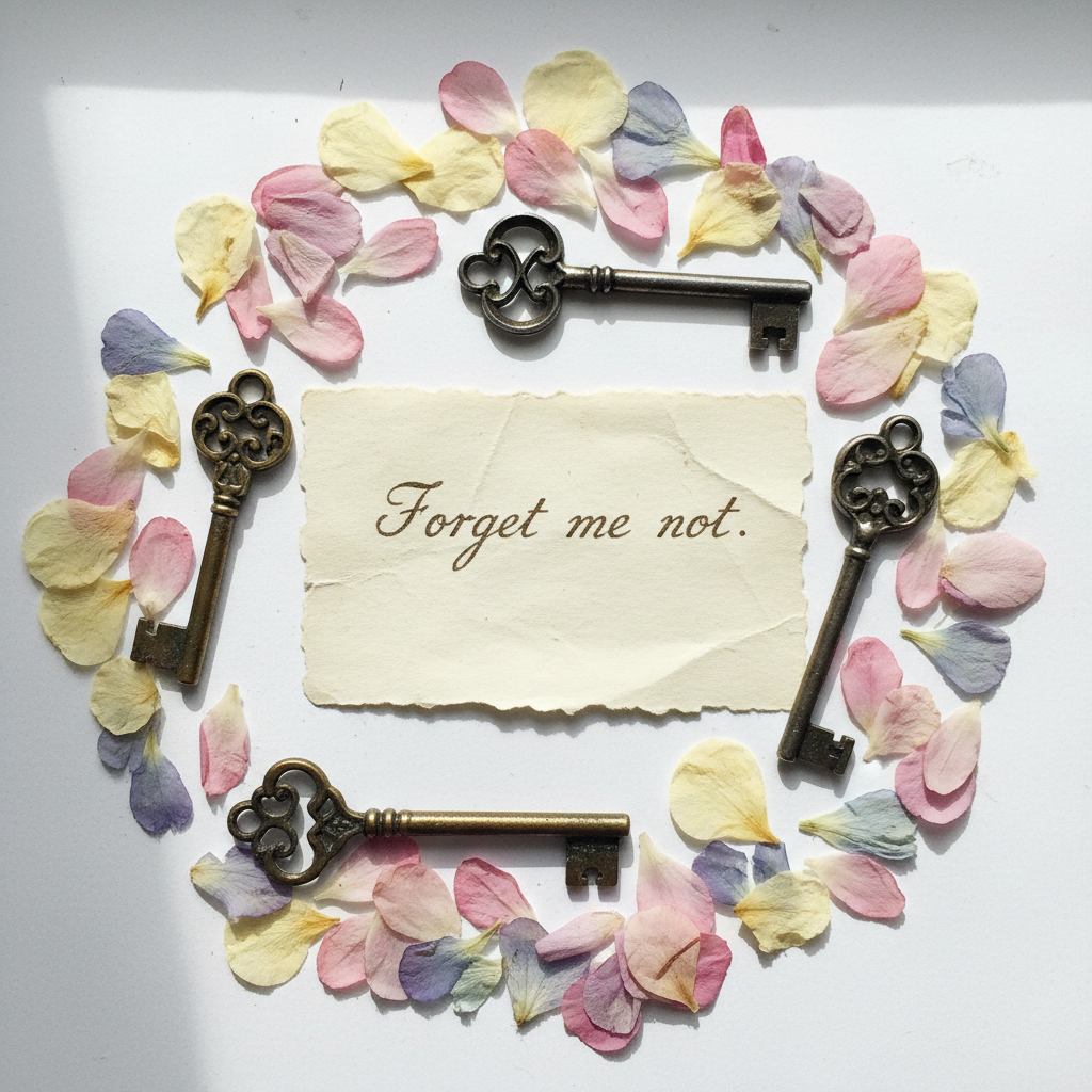 Delicate pressed flower petals on cream paper, soft texture, intimate diary aesthetic, muted warm tones