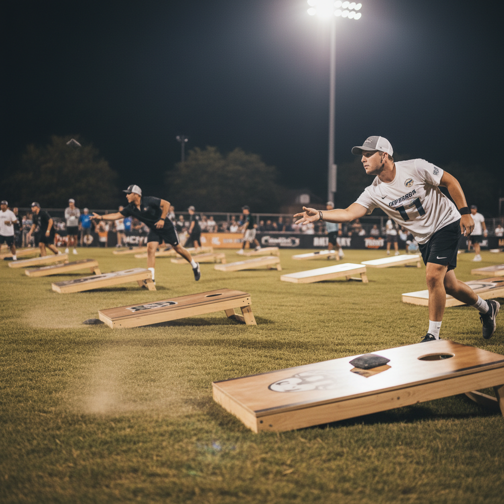 Players competing at a cornhole tournament under stadium lighting with crowd in background