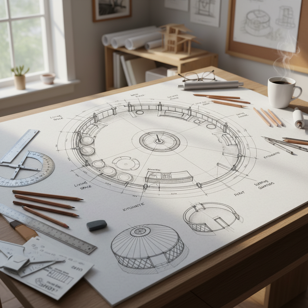 Architectural pencil drawings of circular yurt floor plan on drafting table