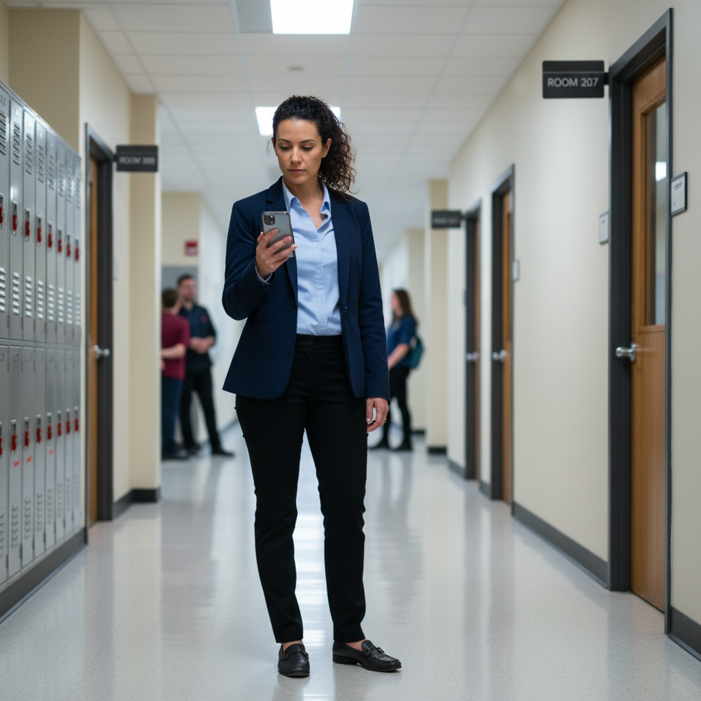 Priya Nair, substitute teacher holding a phone in a school hallway