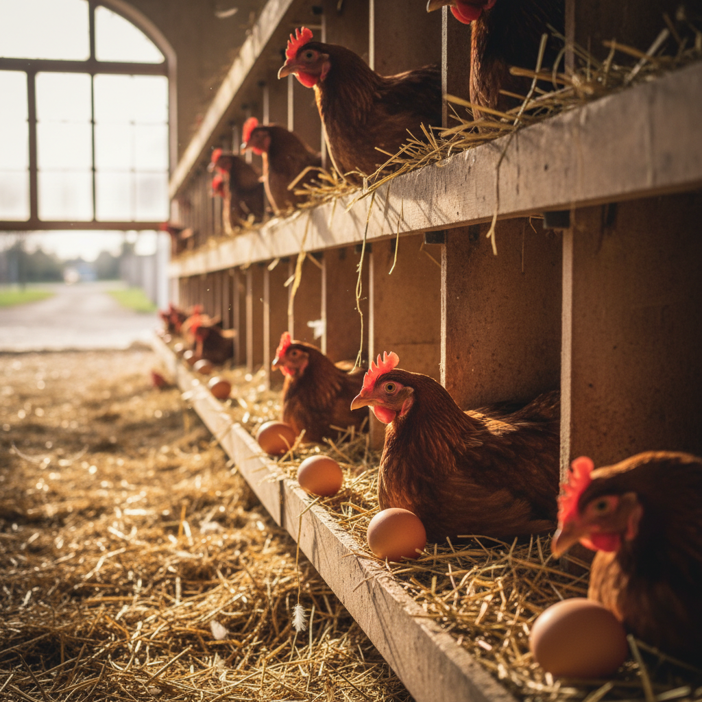 Brown layer hens in organized poultry farm with clean nesting boxes and fresh eggs