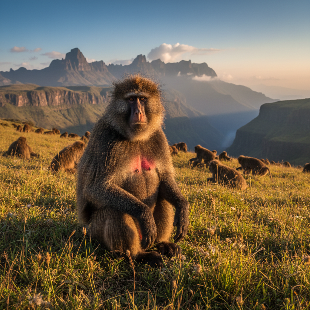 Gelada baboons on the cliffs of the Simien Mountains Ethiopia
