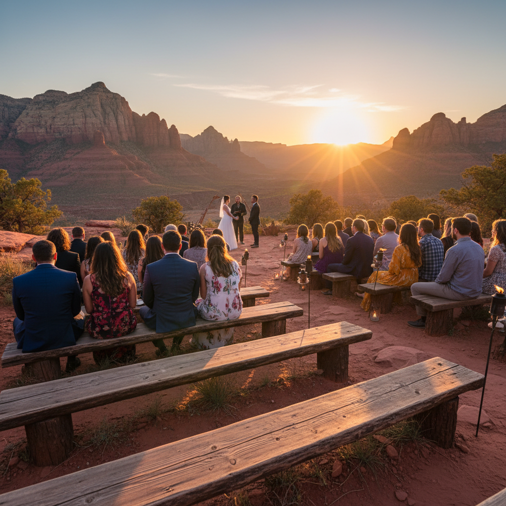 Guests watching ceremony from wooden chairs on coastal cliff