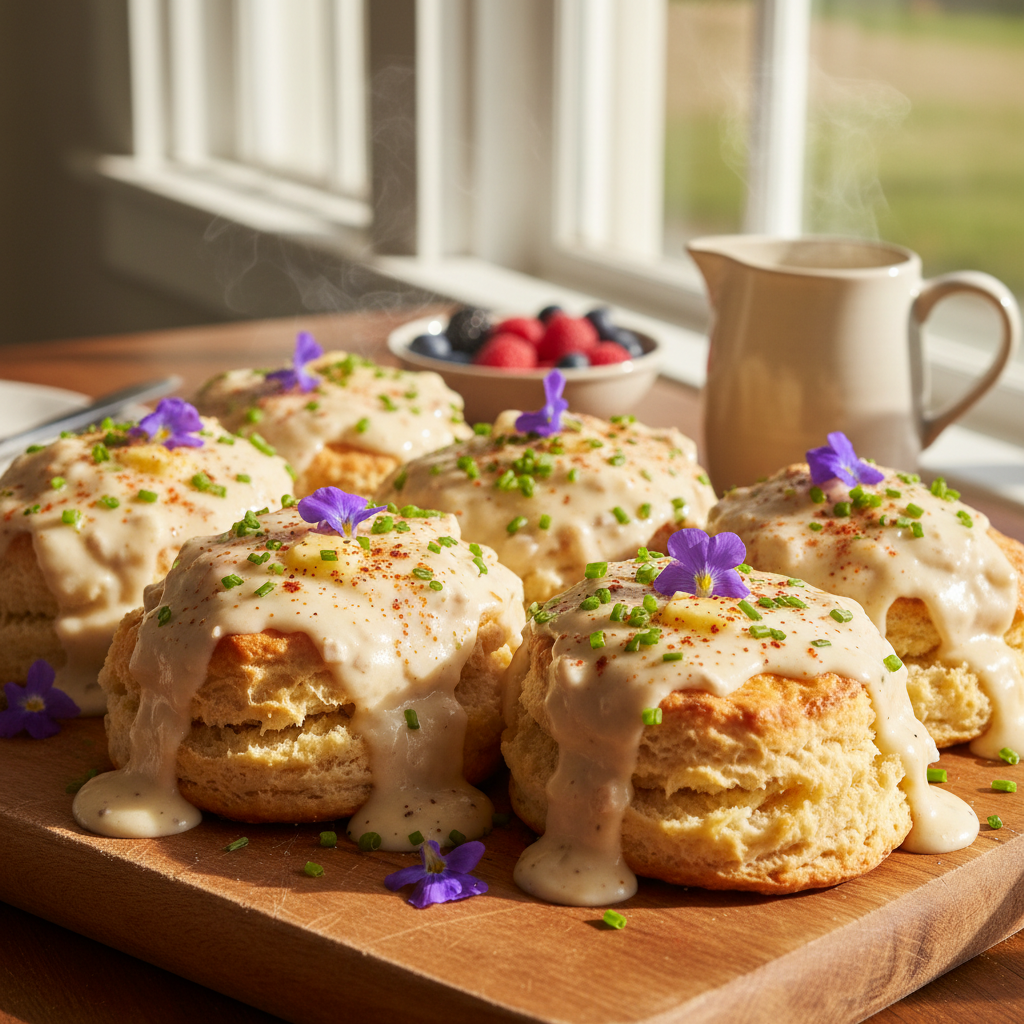 Fluffy golden biscuits with gravy and colorful garnishes served at Rosie's Bar and Grill Sunday drag brunch