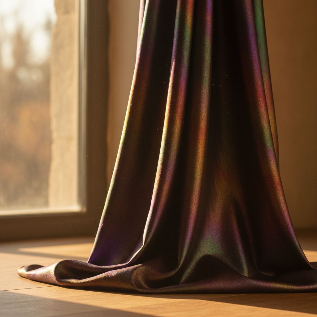 Iridescent silk fabric draped in controlled warm daylight, folds catching the light