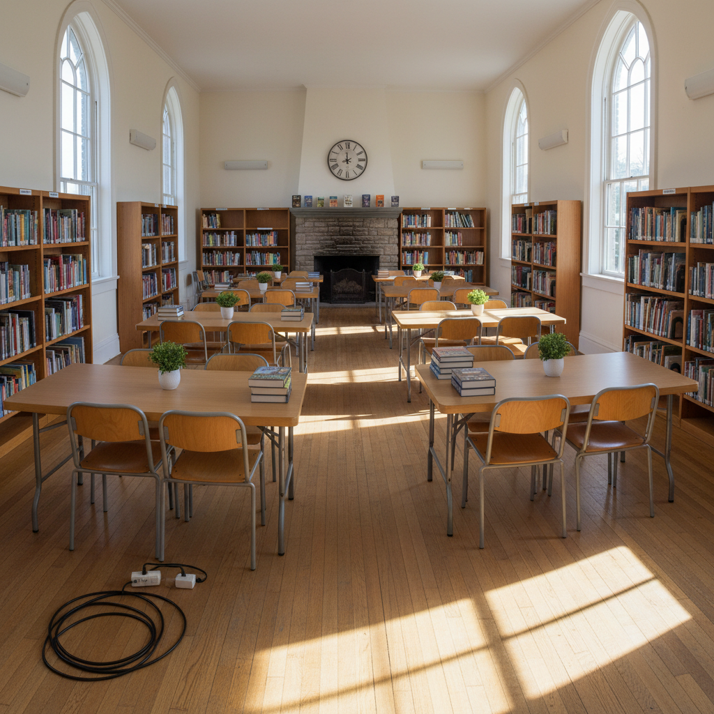 Rural library with folding tables and a single ethernet cable