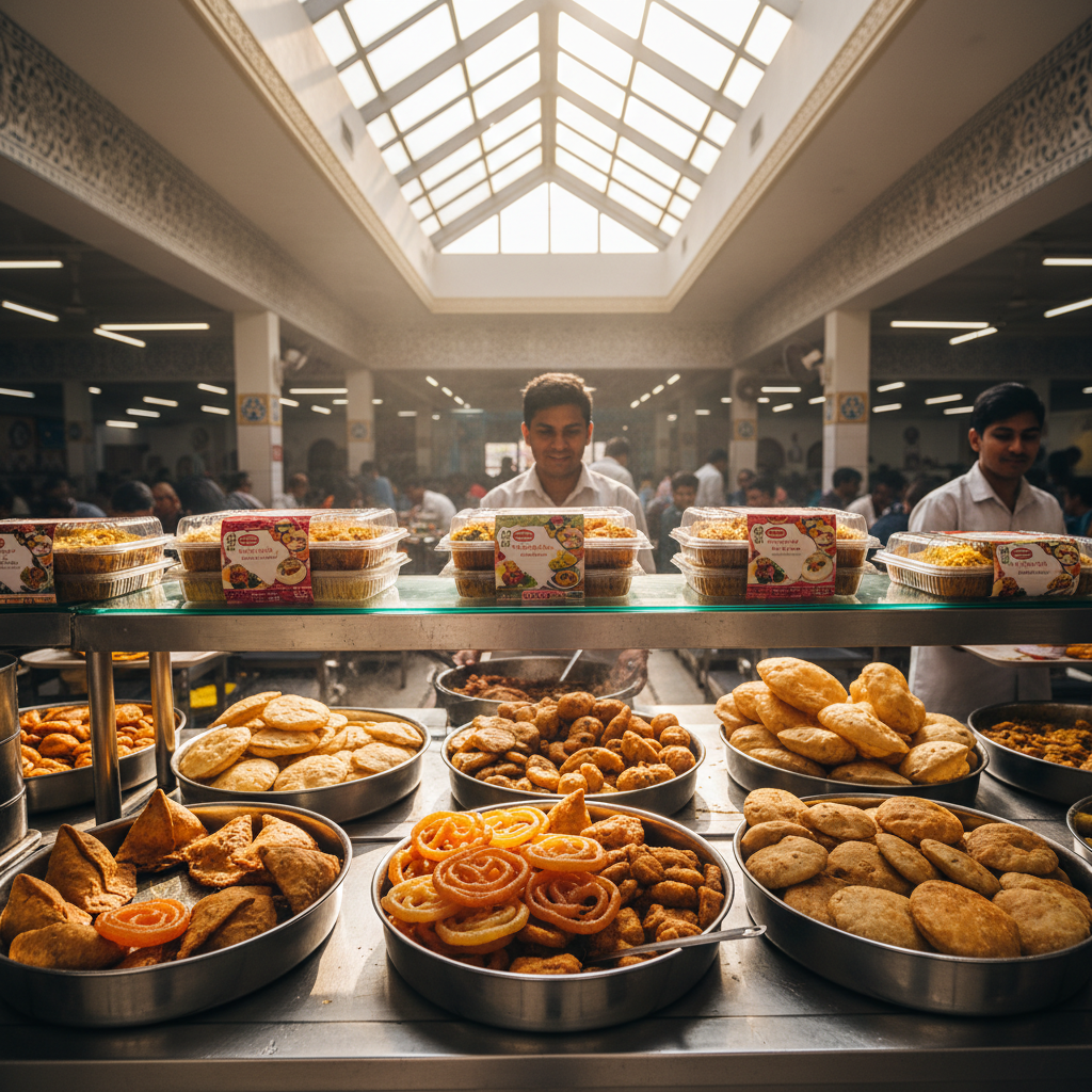 College canteen food counter with Indian snacks and hot dishes