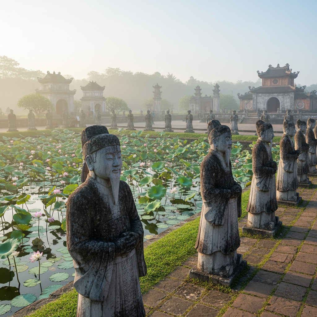 Ancient imperial tomb complex in Hue, Vietnam, stone mandarins standing in morning mist beside a lotus-covered pond