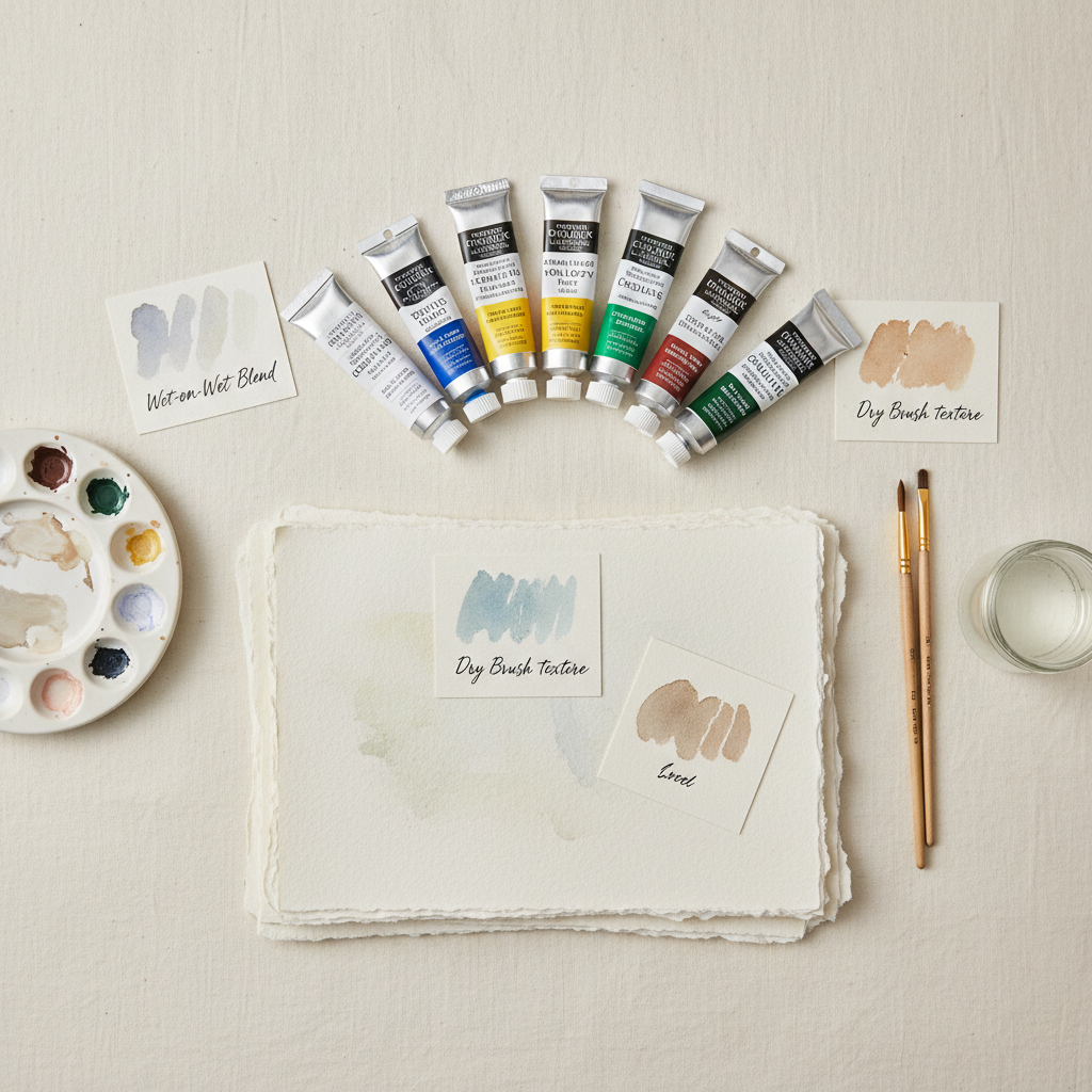 Flat-lay of curated art supplies including gouache tubes, handmade paper, and technique cards arranged on cream surface