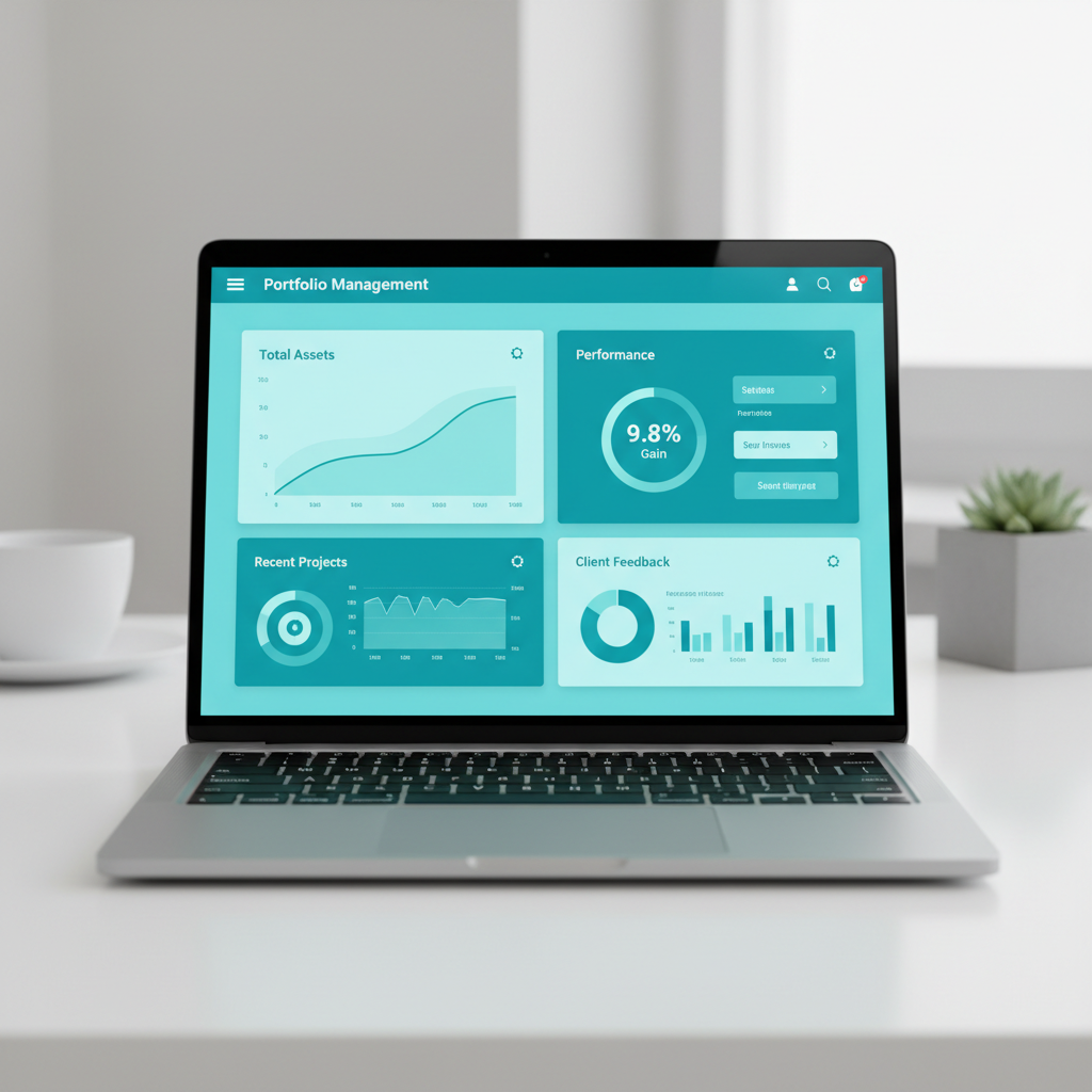 Laptop showing portfolio dashboard with teal interface