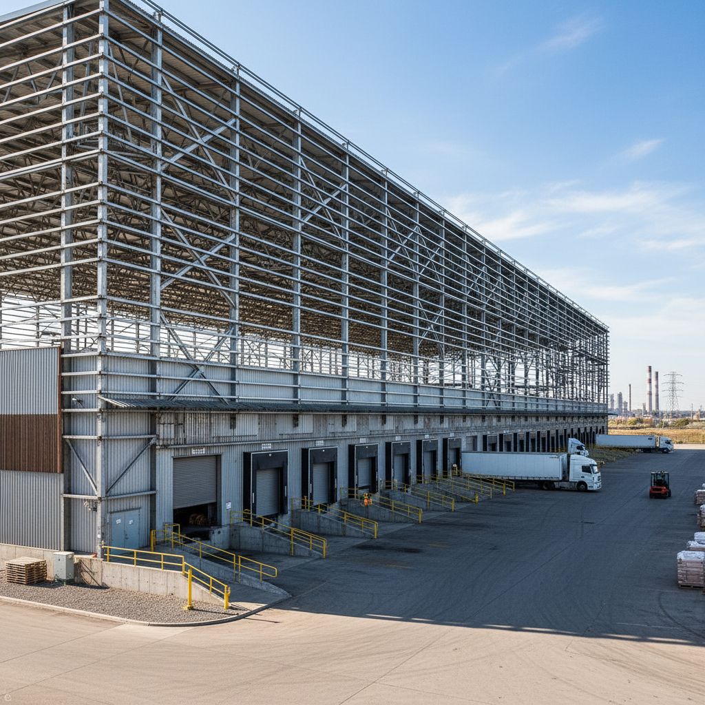 Large distribution warehouse facility, industrial construction with steel frame and loading docks