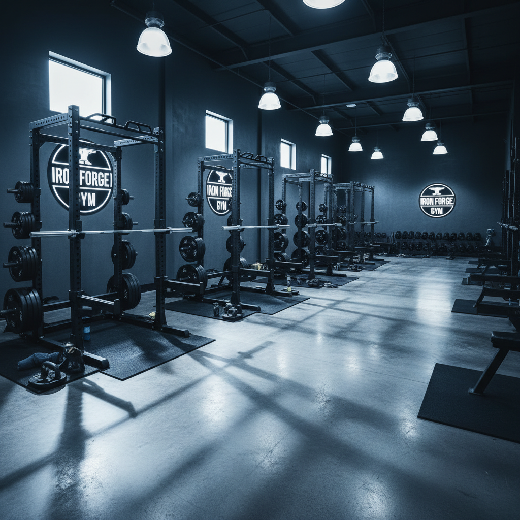 Premium gym interior with dramatic lighting, dark walls, chrome equipment, cinematic low-key atmosphere