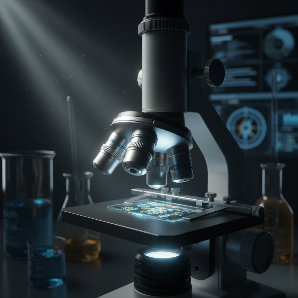 Moody chiaroscuro laboratory environment with microscope illuminated against dark background, representing nanorobotics research setting