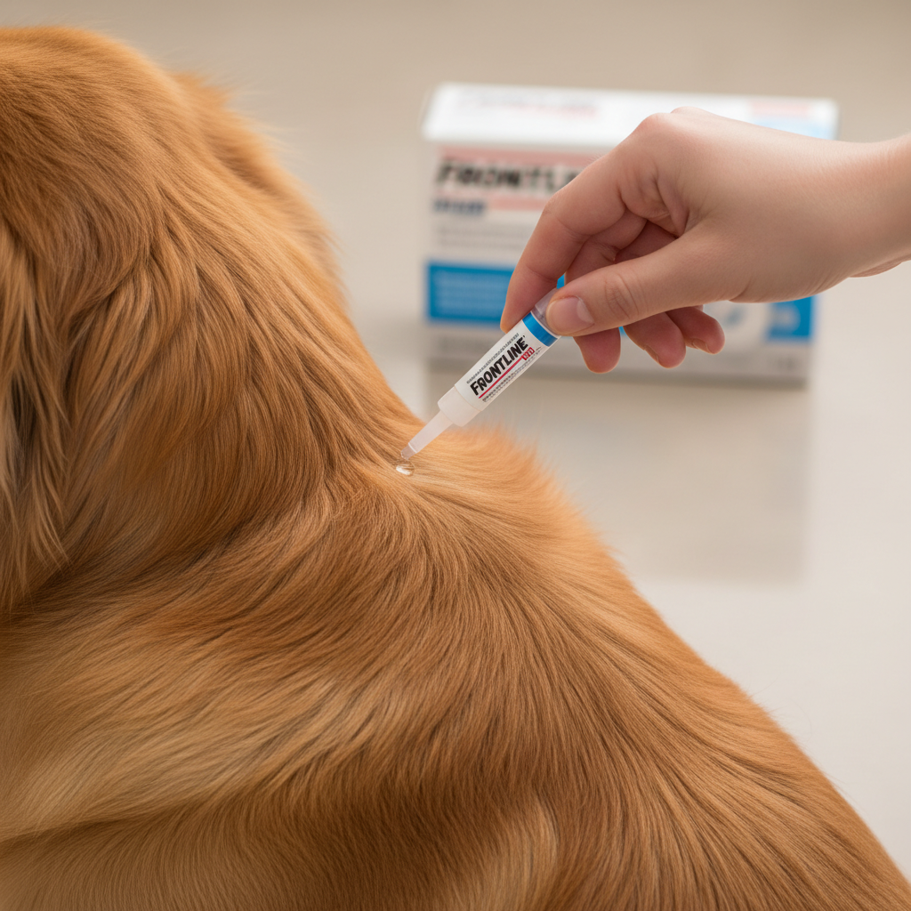 Frontline Plus topical flea treatment being applied to a dog