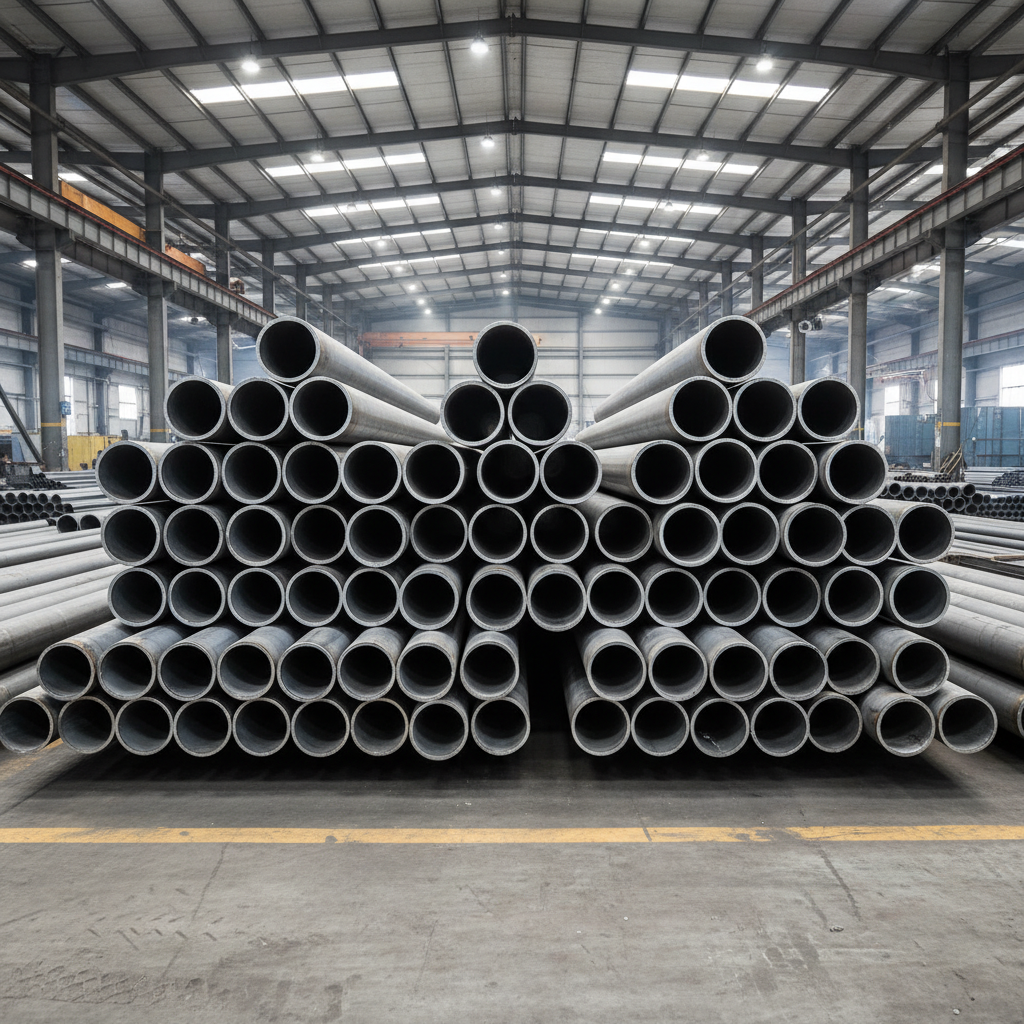 Stacked industrial ERW mild steel pipes in a warehouse with metallic sheen