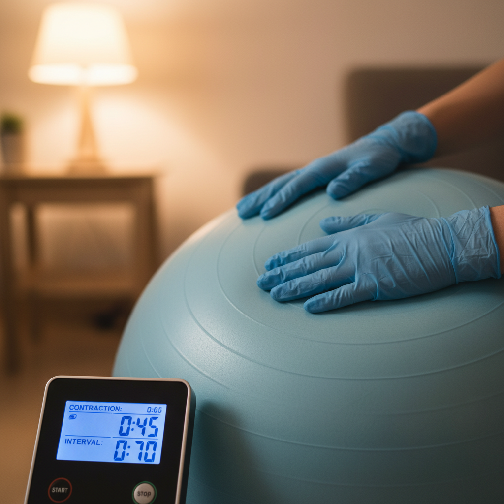 Midwife's gloved hands resting calmly on a birth ball beside a contraction timer in a dimly lit birth room