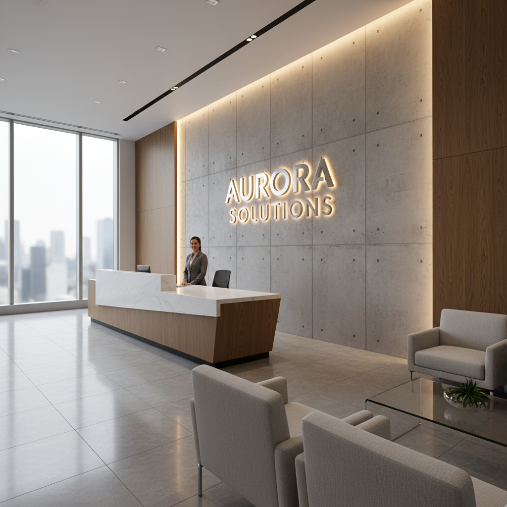 Glass door with cut white vinyl lettering, modern office entry, soft daylight