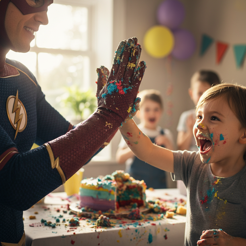 Superhero character mid-high-five with cake-smeared fingers, child shrieking with joy