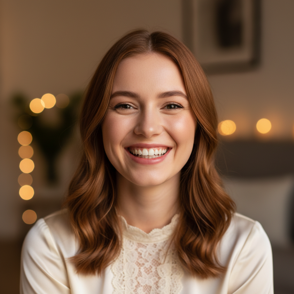 Professional headshot of woman in warm-toned indoor setting with soft window light