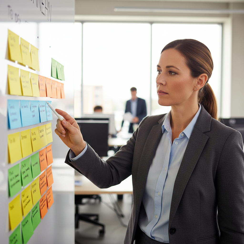Project management kanban board on widescreen monitor, colorful task cards, bright office environment