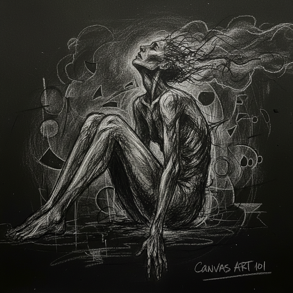 Raw charcoal drawing on dark paper showing an abstract figure, emotional and unpolished, created by a grieving student in the Canvas course
