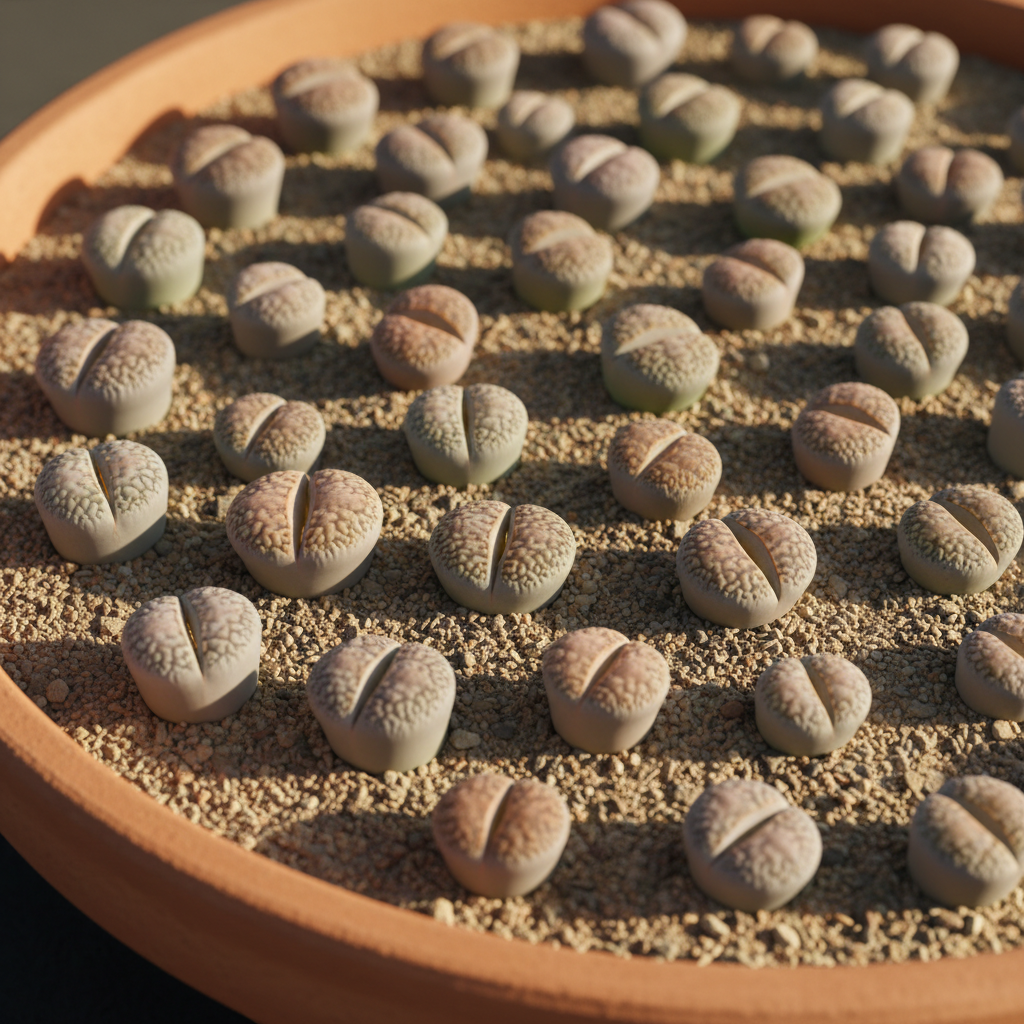 Lithops stone plants arranged on sand substrate in a terracotta tray