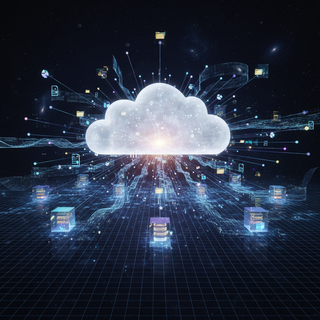 Abstract quantum computing visualization with glowing blue circuits and data streams