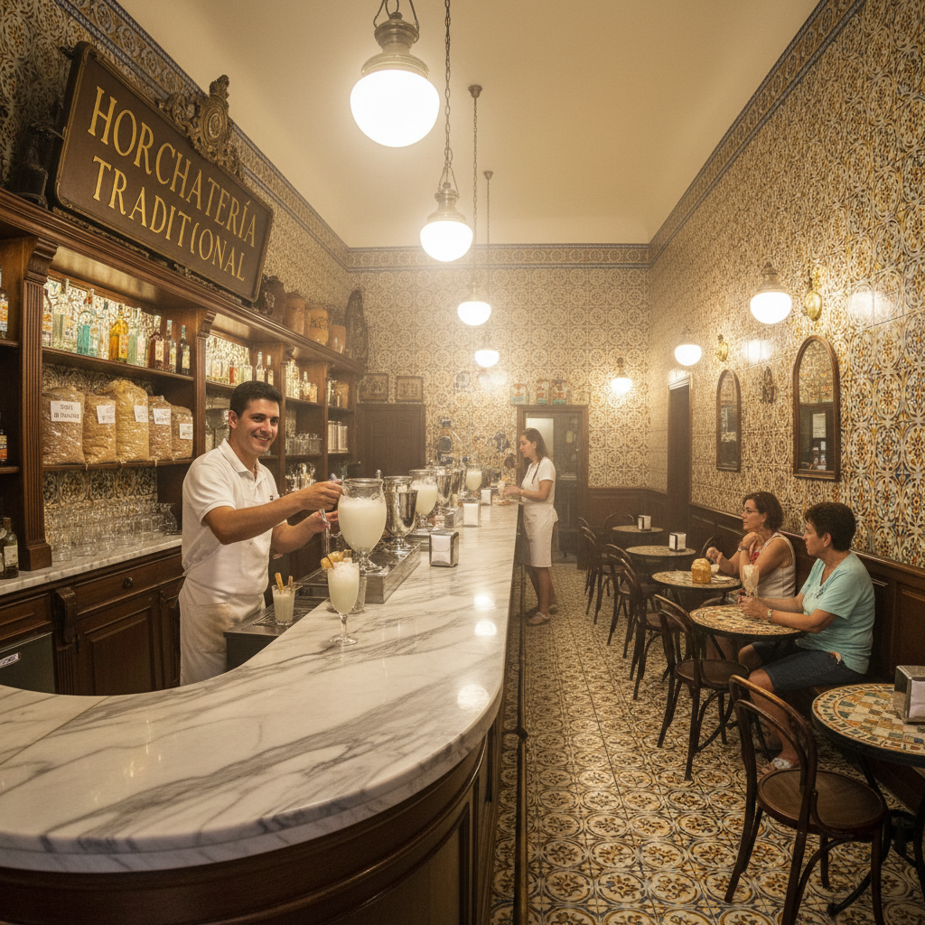 Traditional Valencian horchata bar with marble counters and vintage tiles