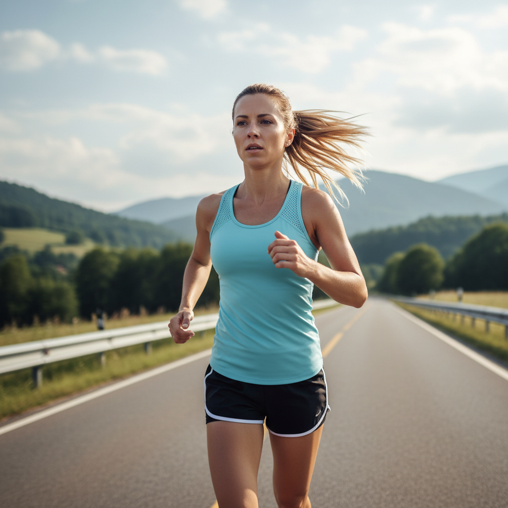 White woman in her early 30s running on a road in athletic gear, focused expression