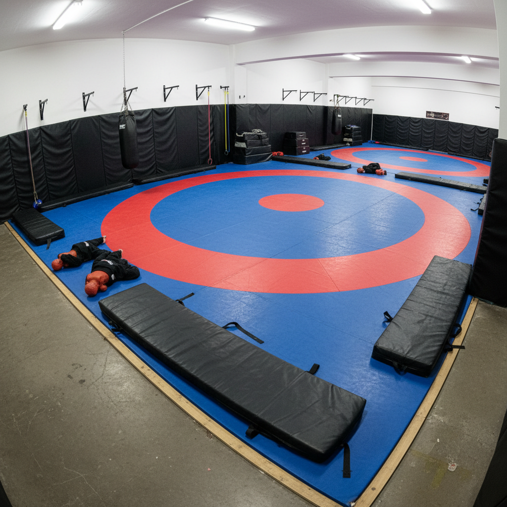 Wrestling mat area with crash pads and training equipment