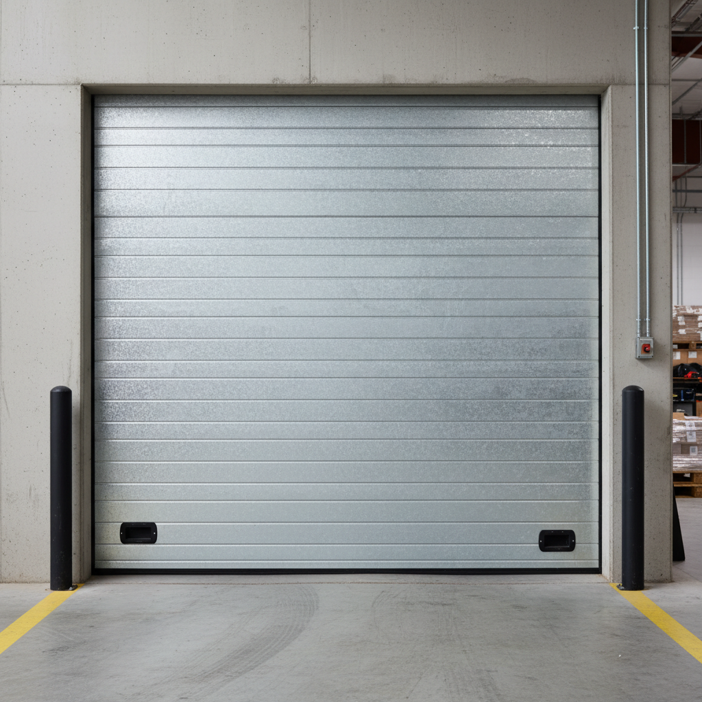 Industrial sectional dock door in galvanized steel with multiple panels closed on loading bay