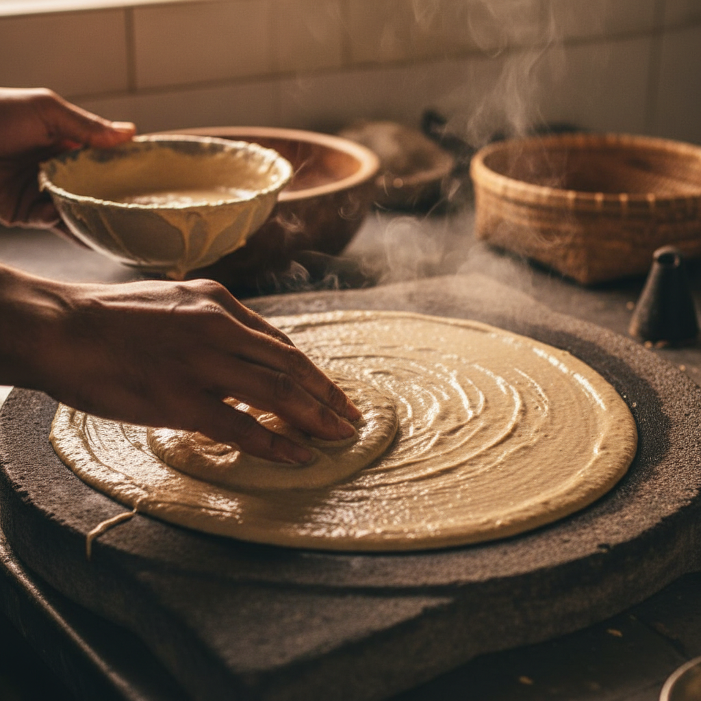 Hands spreading fermented sorghum batter on a hot stone saaj, steam rising, amber kitchen light