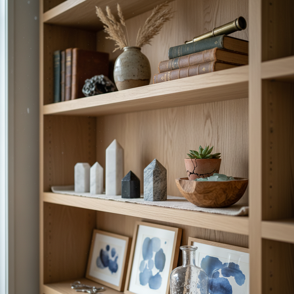 Close up of custom wood carpentry trim and built-in shelving in a residential home