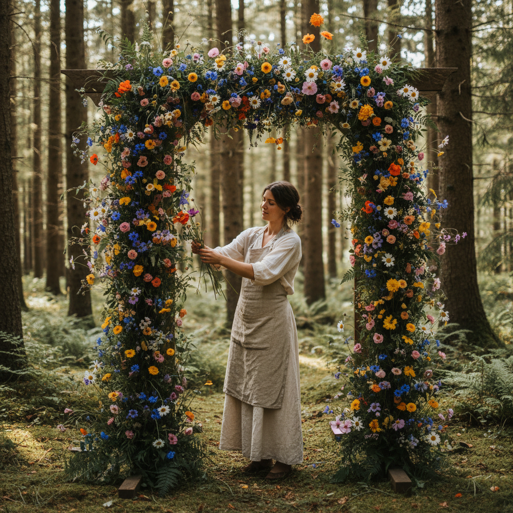 Florist installing wildflower arrangement on rustic wooden ceremony arch in forest