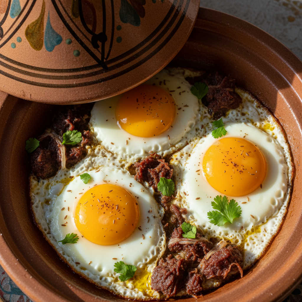 Slow-cooked lamb tagine with preserved lemons, olives, and saffron in a terracotta pot