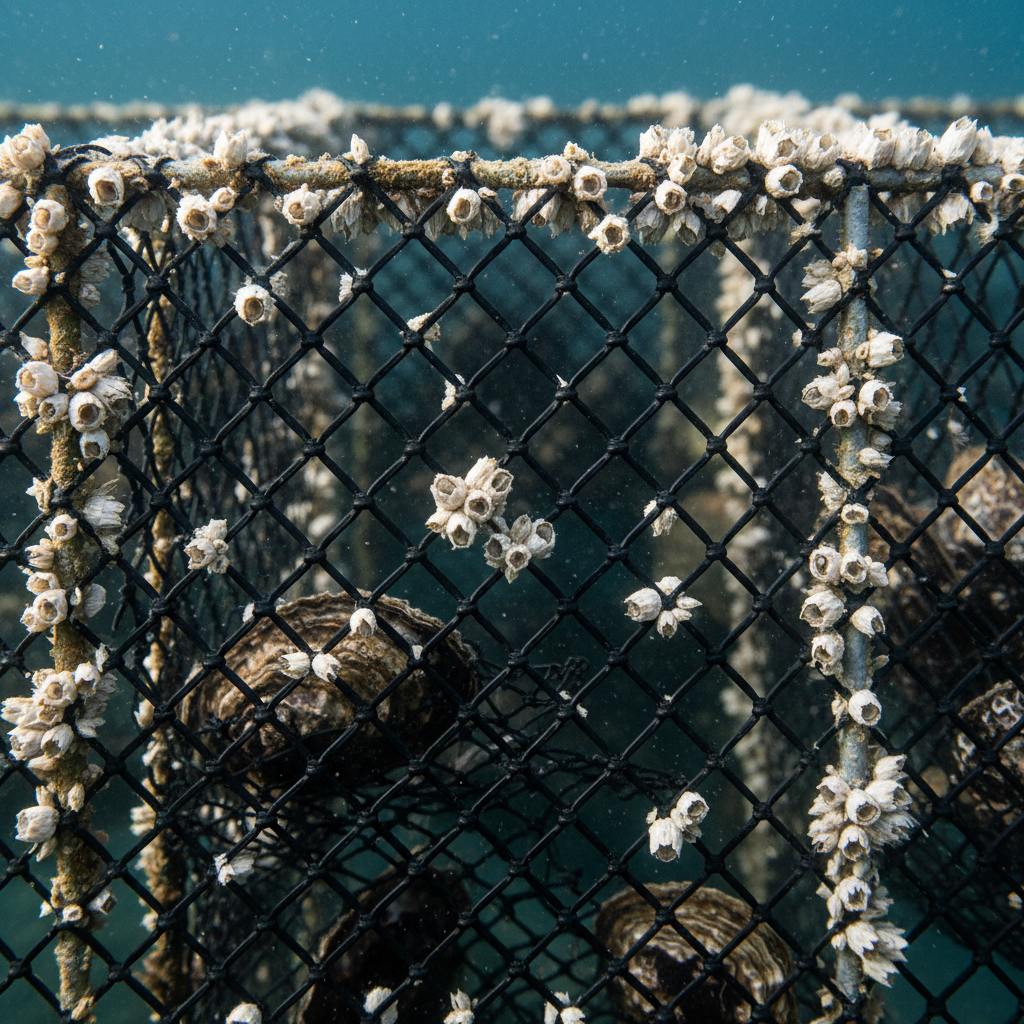 Close-up of mesh oyster tumble bags submerged in cold Atlantic water with barnacles visible on the cage wire