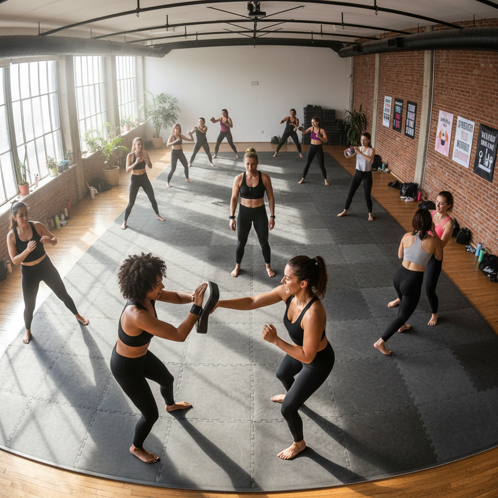 Self defense class in bright training room, instructor demonstrating technique