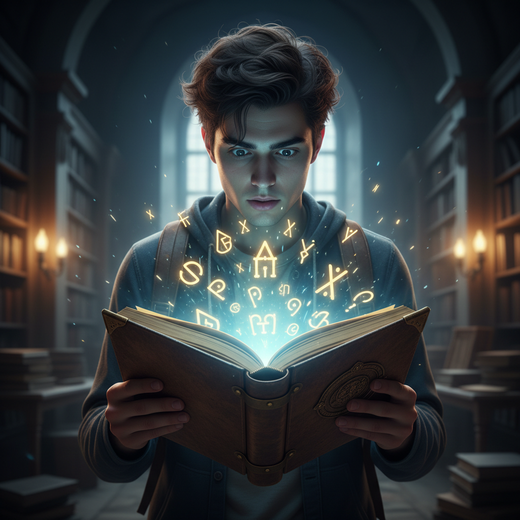 Young man with dark hair in a fantasy world looking at a magical glowing object
