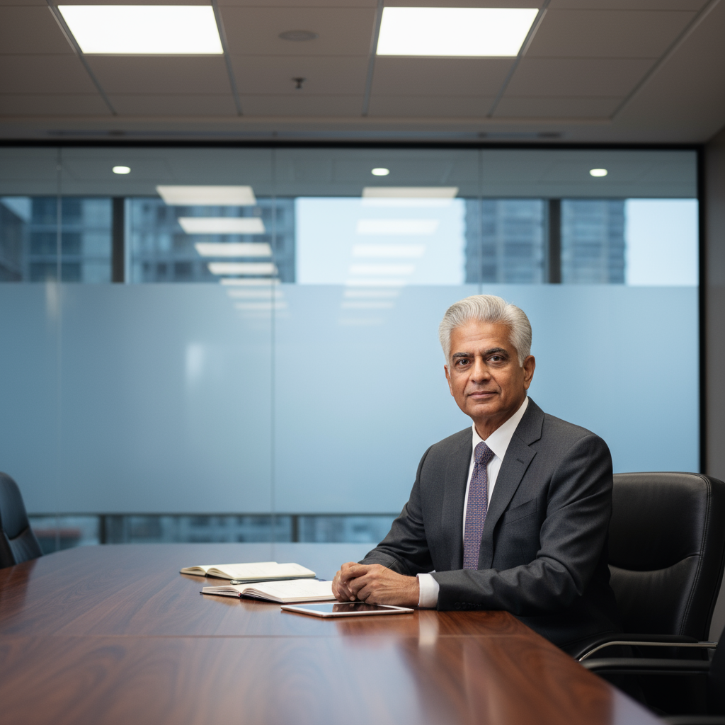 Senior Indian business executive in formal suit, authoritative corporate portrait