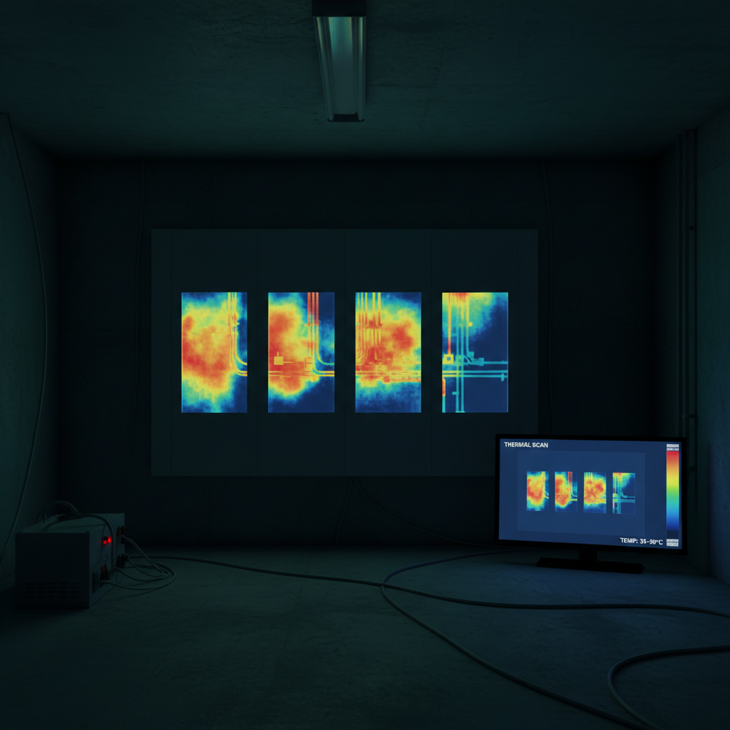 Thermal imaging scan showing heat signatures behind wall panels in dark room