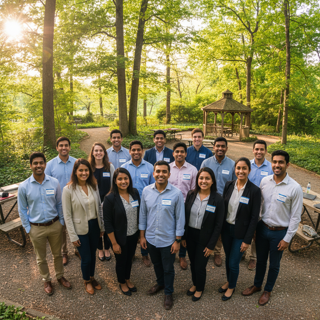 Group of corporate professionals outdoors in a field, engaged and smiling during an outdoor team experience activity