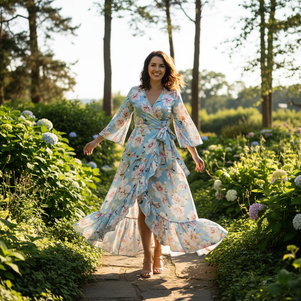 Woman in floral wrap dress, outdoor setting, natural light, feminine styling