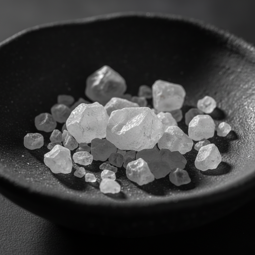 Kristale kripe dhe ushqime të pasura me natrium mbi sipërfaqe të errët, ndriçim dramatik, hije të thella që theksojnë teksturën minerale