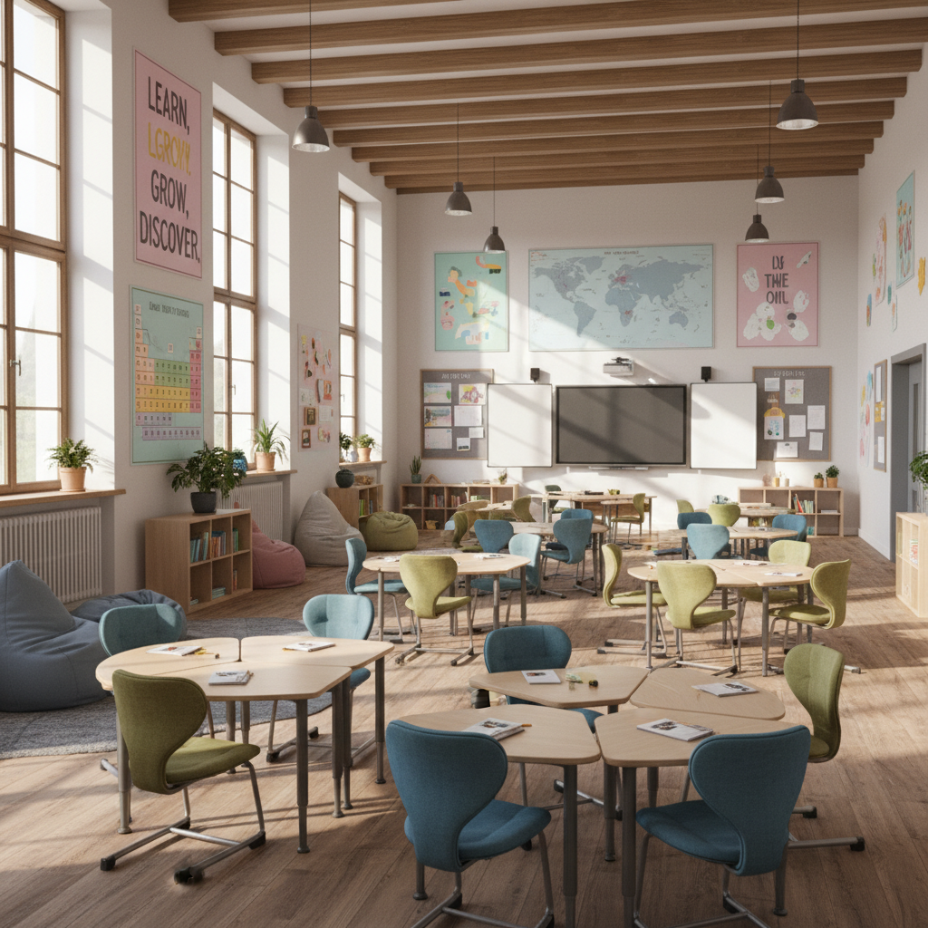Bright, welcoming classroom with colorful learning materials, small desks, and large windows with natural daylight