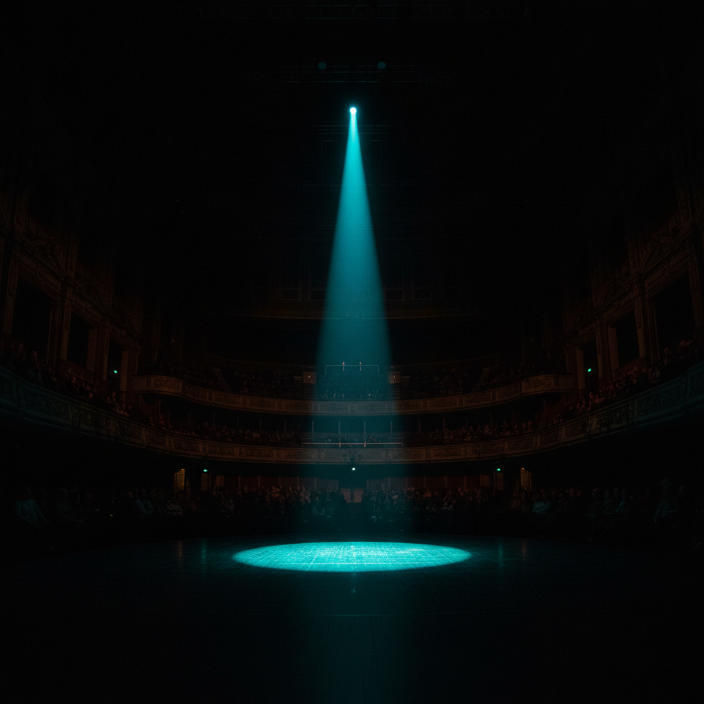 Concert hall in near-darkness with single beam of teal light on stage