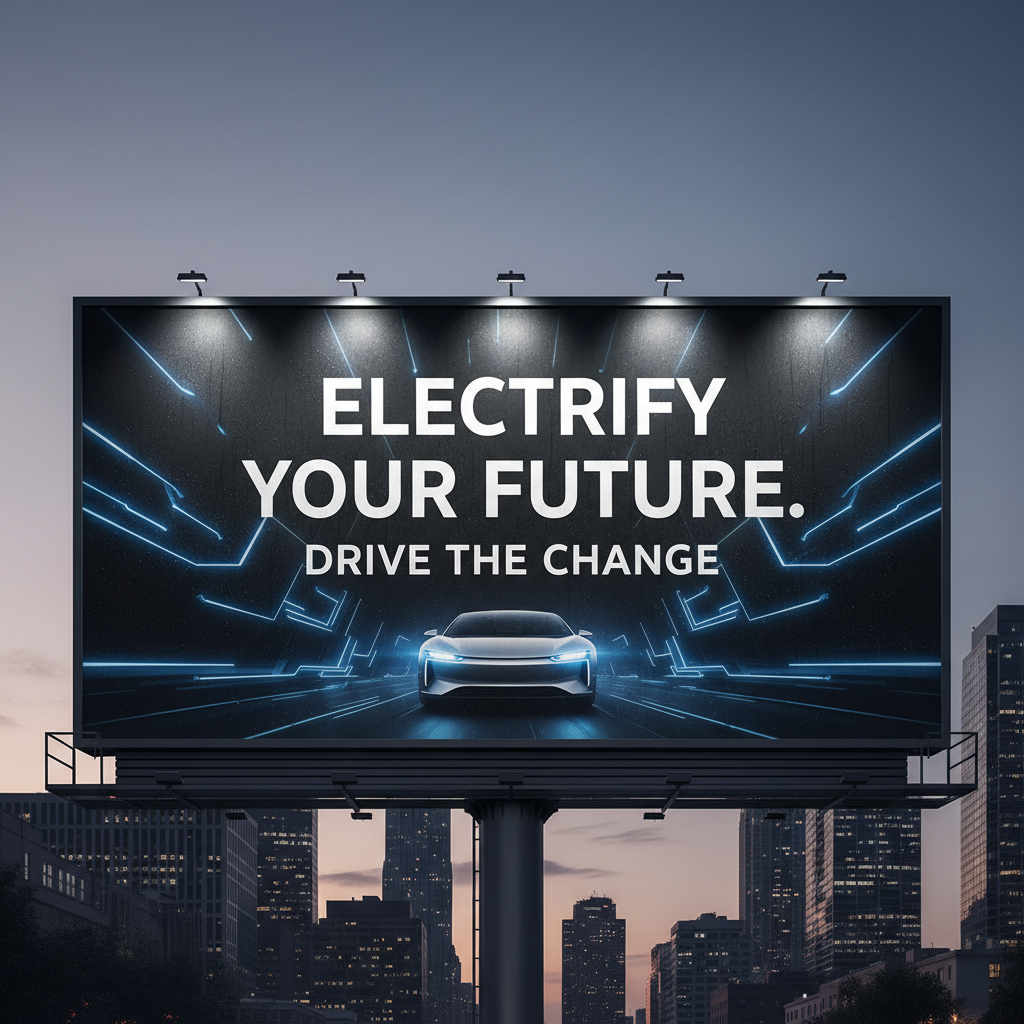Bold electric vehicle campaign with dark atmospheric setting, neon blue lighting and dynamic motion blur