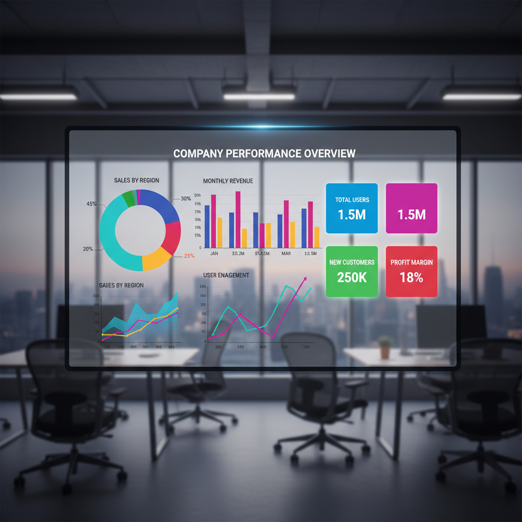 Bright modern data visualization dashboard on a large screen, colorful charts and graphs, clean office environment, natural light