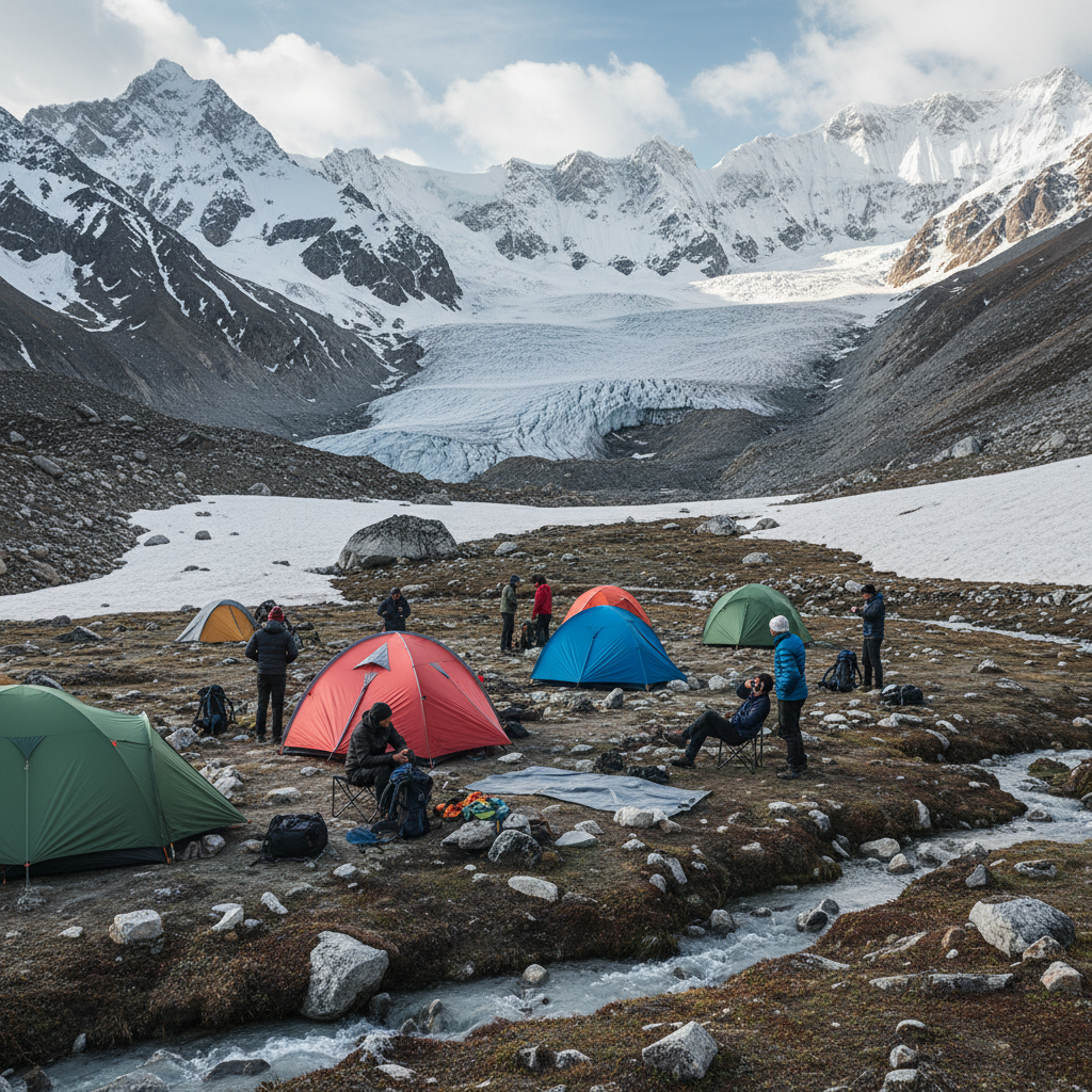 Trekkers camping near Kolahoi Glacier with mountain views