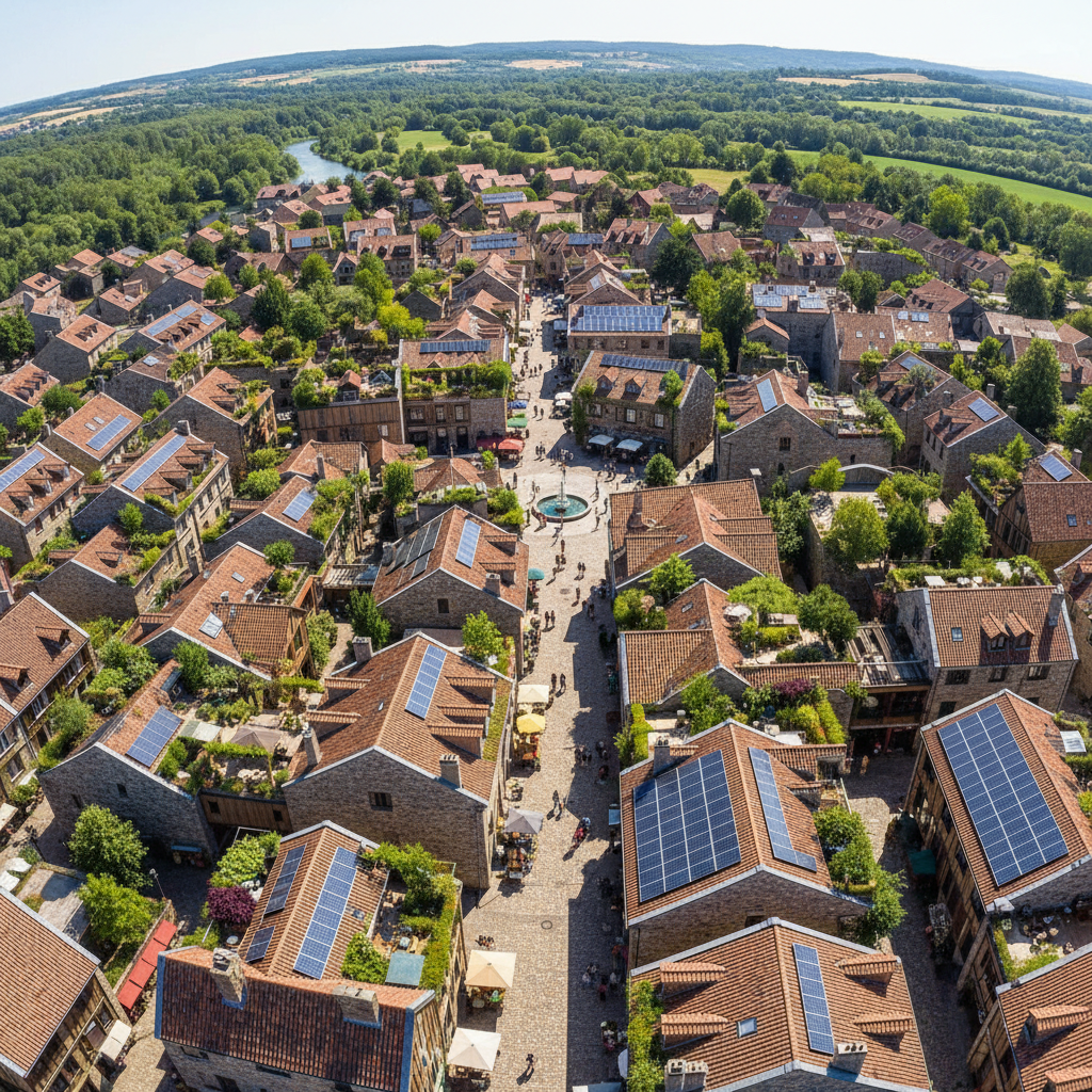 Aerial view of a completed mixed-use village with rooftop gardens, narrow streets, and solar panels